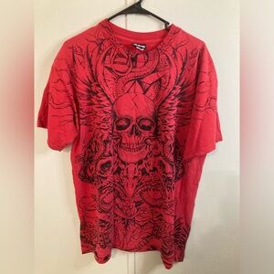 Vintage Y2K Skull Two Sided T Shirt Red All Over Print Hybrid Tees Men's Size L